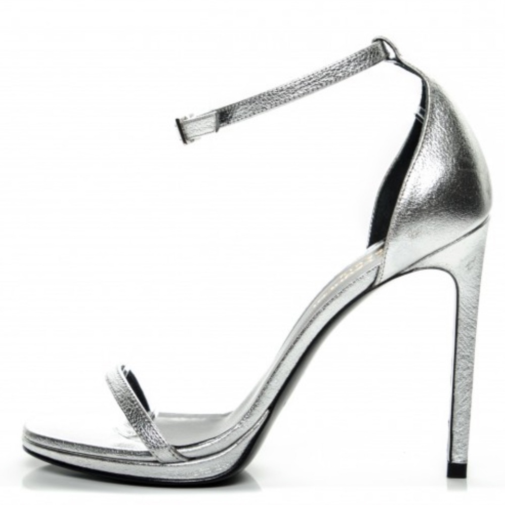 Saint Laurent Metallic Calfskin Jane 110 Ankle Strap Sandals 36.5 Silver